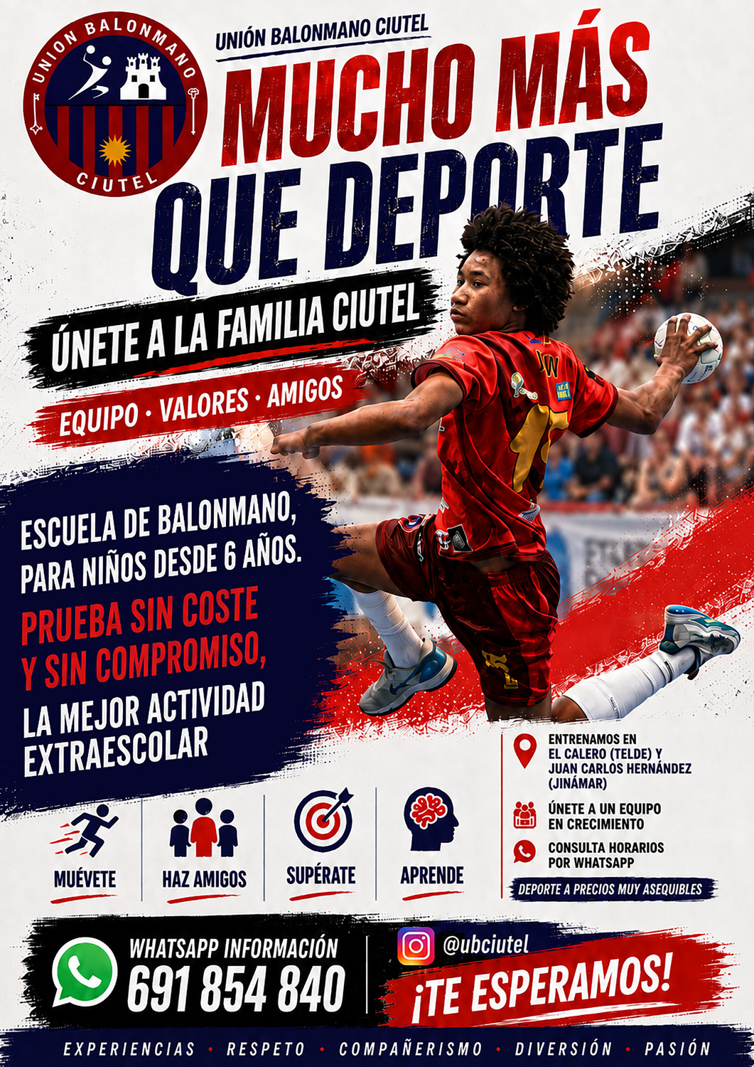 Unión Balonmano Ciutel. Mucho más que deporte. Escuela de balonmano para niños desde 6 años. Prueba sin coste y sin compromiso. Entrenamientos en El Calero y Juan Carlos Hernández.